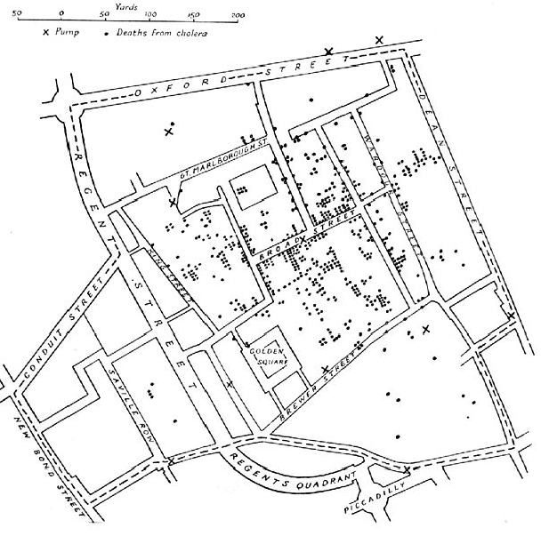 Original map by John Snow showing the clusters of cholera cases in the London epidemic of 1854.